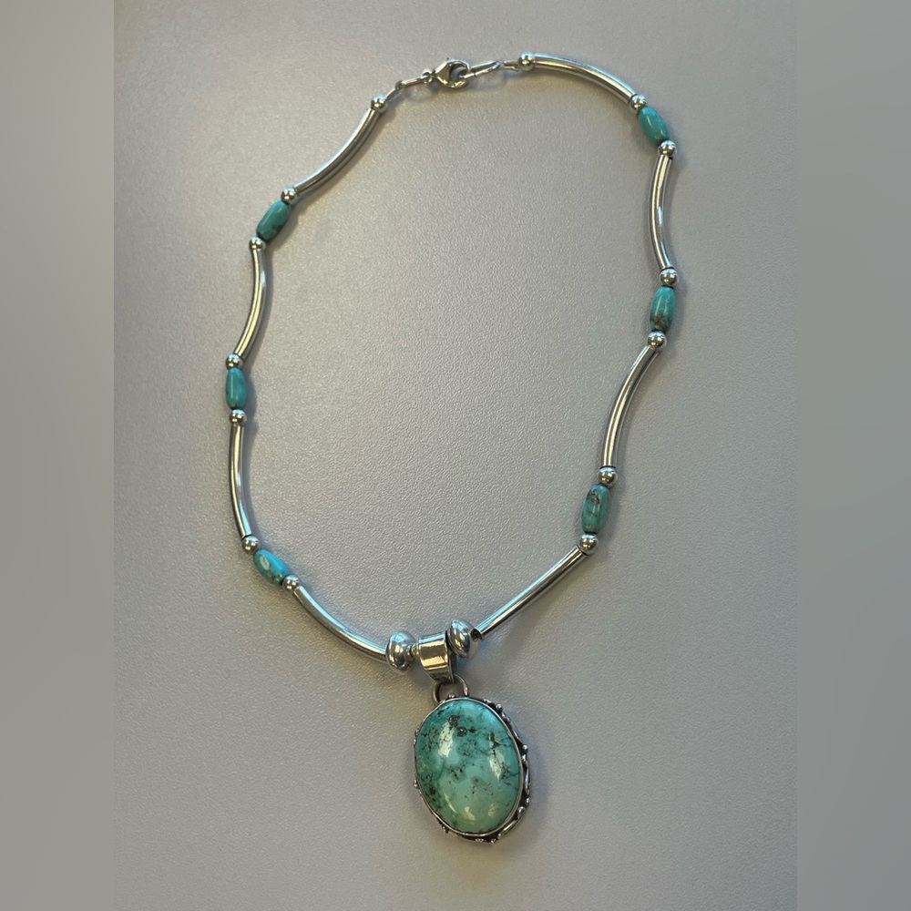 Vintage Hippies Turquoise and Sterling Silver choker Necklace, handmade, stamped